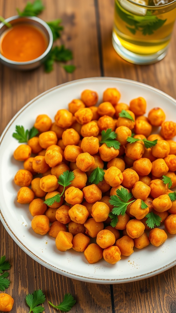 A plate of crispy and spicy chickpeas garnished with parsley, served on a rustic table with dipping sauce.